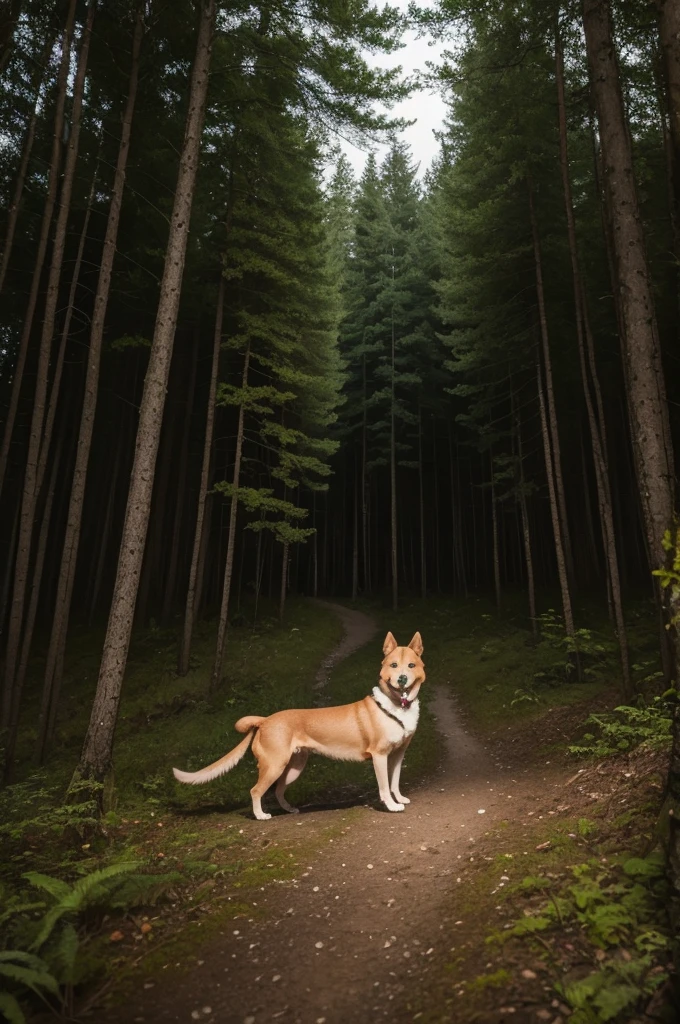 Adventurous dog in a silent forest at night