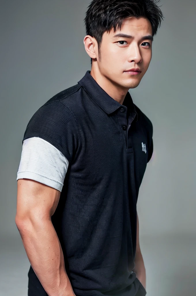 ((Highest quality, 8k, Masterpiece: 1.3))、Thailand Laos Burma Asia, Thai man, A handsome Asian rugby player with short hair, a muscular beard, and big muscles., 1A man who has、20 yo、Good appearance、Beautiful nose、smile、 Detailed eyes and face、beautiful light、(studio)、high resolution、(Look at the viewer.)、Fine mouth、smile、whole body: 1.5, perfect shape: 1.3, looking at camera ,black polo shirt, ((field)), sunlight looking at the field