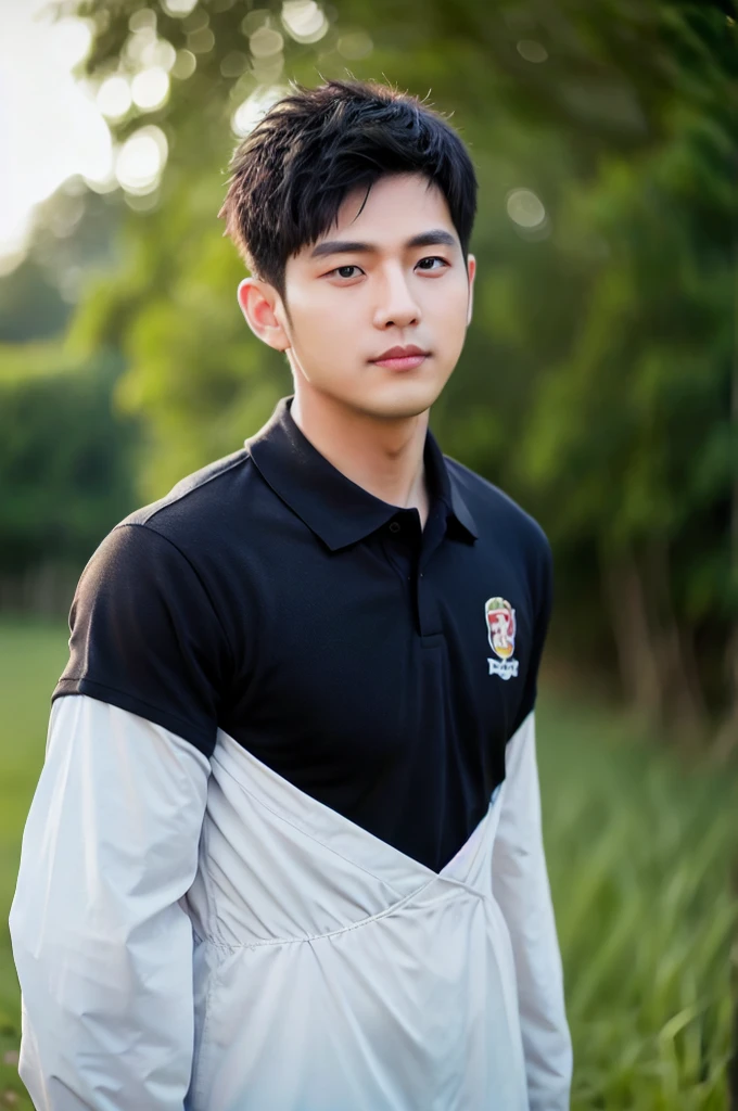 ((Highest quality, 8k, Masterpiece: 1.3))、Thailand Laos Burma Asia, Thai man, A handsome Asian rugby player with short hair, a muscular beard, and big muscles., 1A man who has、20 yo、Good appearance、Beautiful nose、smile、 Detailed eyes and face、beautiful light、(studio)、high resolution、(Look at the viewer.)、Fine mouth、smile、whole body: 1.5, perfect shape: 1.3, looking at camera ,black polo shirt, ((field)), sunlight looking at the field