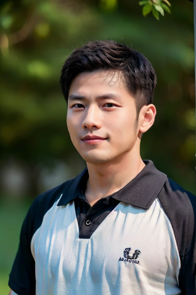 ((Highest quality, 8k, Masterpiece: 1.3))、Thailand Laos Burma Asia, Thai man, A handsome Asian rugby player with short hair, a muscular beard, and big muscles., 1A man who has、20 yo、Good appearance、Beautiful nose、smile、 Detailed eyes and face、beautiful light、(studio)、high resolution、(Look at the viewer.)、Fine mouth、smile、whole body: 1.5, perfect shape: 1.3, looking at camera ,black polo shirt, ((field)), sunlight looking at the field