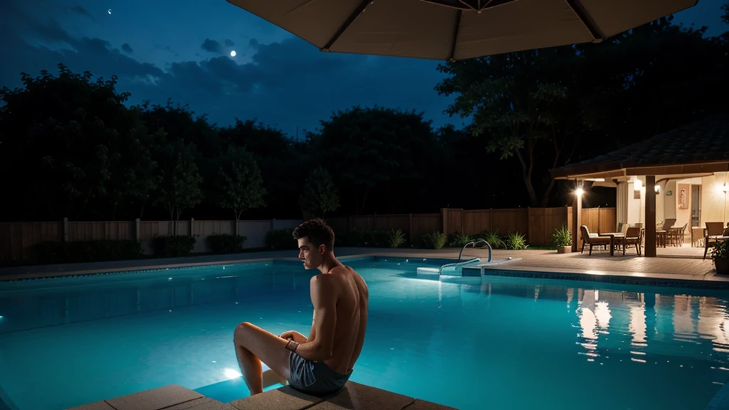 A man sitting near the swimming pool, wearing a long shorts, night light view, half moon, blue lights under the swimming pool, lantern lights, realisti