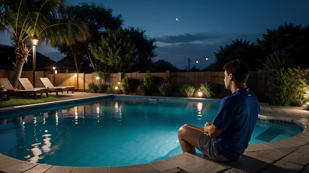 A man sitting near the swimming pool, wearing a long shorts, night light view, half moon, blue lights under the swimming pool, lantern lights, realisti
