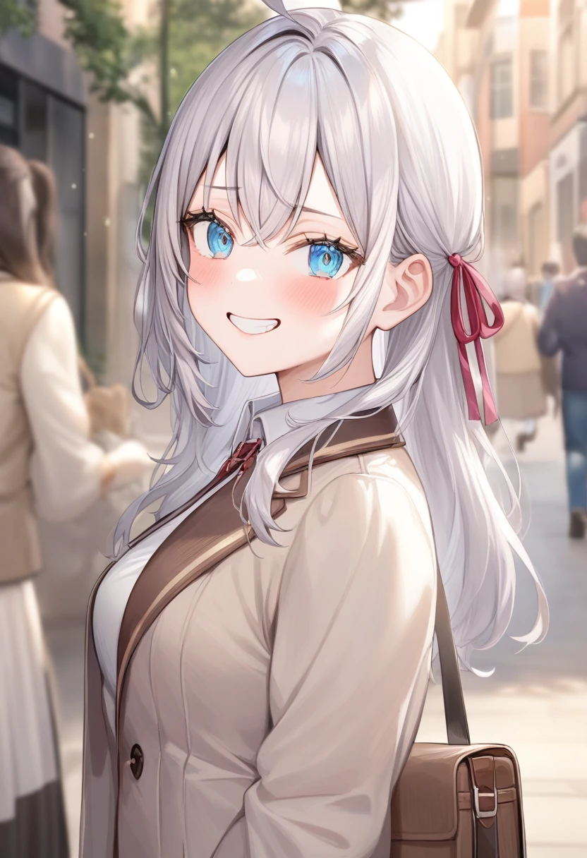 One girl,  Alisa Mikhailovna Kujo,Tomorrow, my friend, Arya-san, will be visiting Russia.,alone, Long Hair, Eyebrows visible through hair, Hair between the eyes, Silver Hair, Hair Ribbon, blue eyes, Medium chest, ,
From behind, Portraiture, Look to the side, Grin, Outdoor, Mouth closed,
Highest quality, so beautiful, Absurd