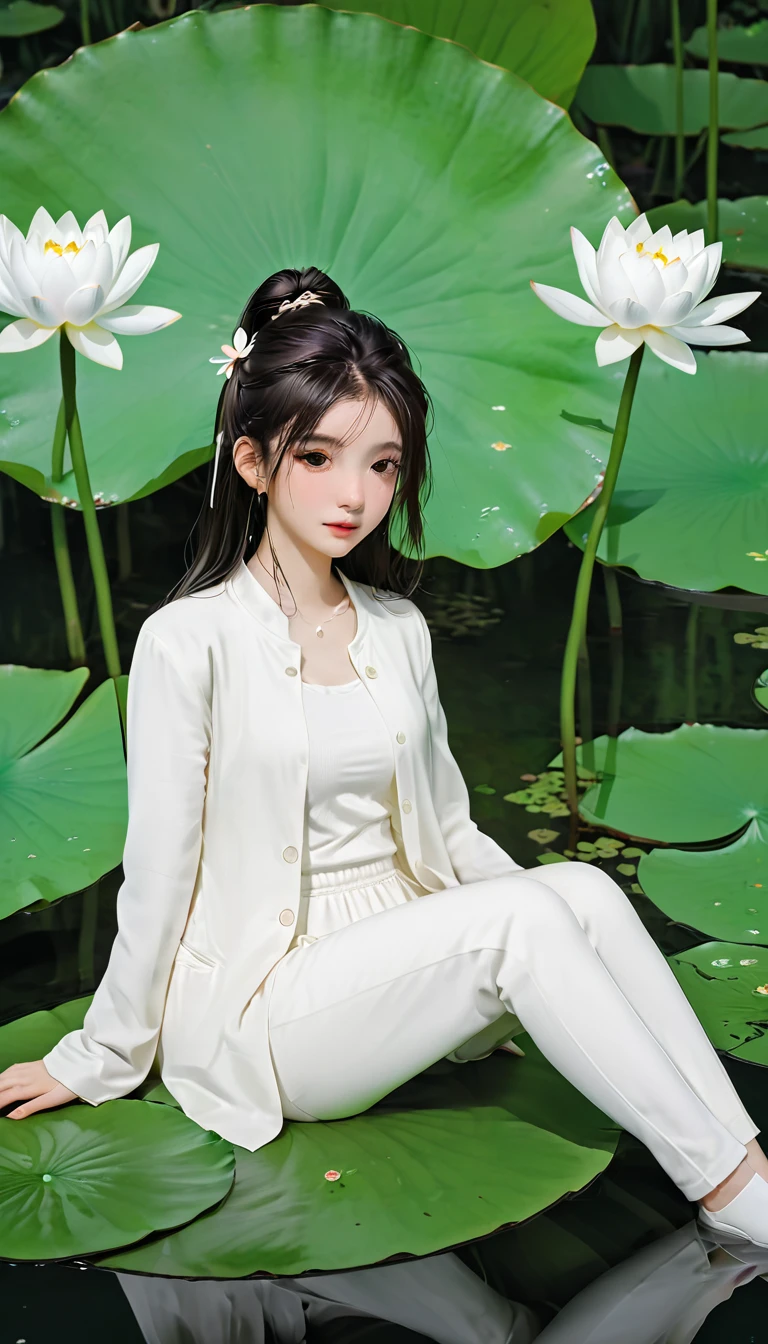 There was a girl sitting on a leaf, (White clothes), Fresh color scheme, There is a stuffed toy, guvez style artwork, Popular on cgstation, Illustration by Li Song, Soft Animation, Lying on a lily pad, Sitting on the lotus, Lovely and detailed digital art, Lovely art style, In the pond, Yang Jian, Cute digital art, Gurwitz, Sitting by the pond