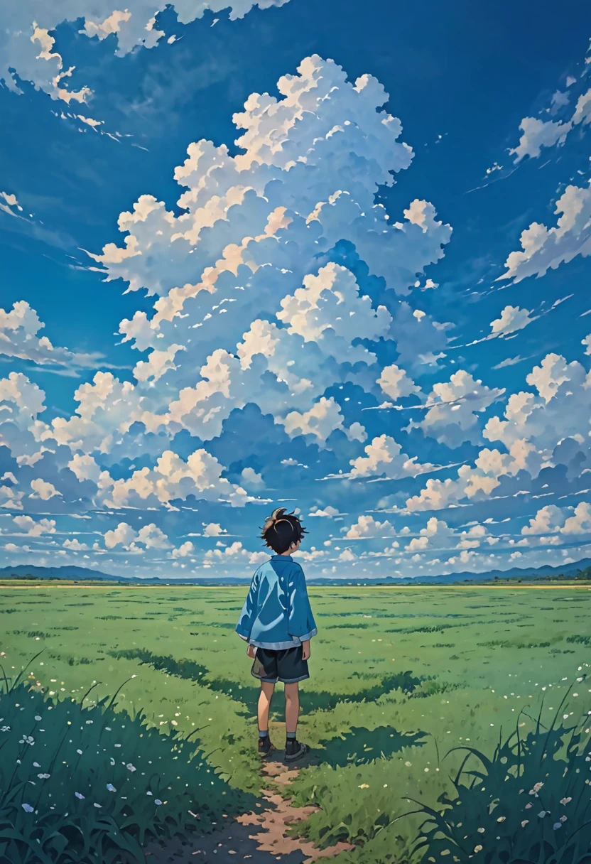 a boy standing in the plain grass looing up in to the sky with pure blue clouds and the clouds are forming