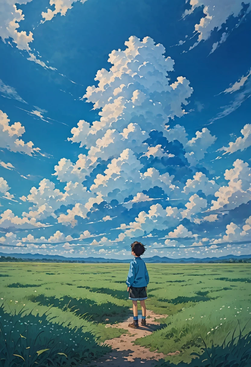 a boy standing in the plain grass looing up in to the sky with pure blue clouds and the clouds are forming