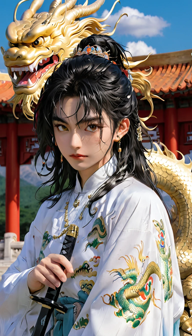 Ultra HD,masterpiece,The award-winning,best quality,high resolution,8K,High Detail,(A man:1.6),Perfect face,Black long hair,Ancient Chinese Hair Accessories,Blonde accessories,(Facing the camera:1.4),(Holding a sword:1.5),Hand-held scabbard,Chinese robe,Martial Arts,Outlaw Star,Bugu,Jump up,There is a dragon in the back,Chinese dragon,Patron Saint,背景是Mountain脉和树木,Mountain,pavilion,pine,Bright sky,White Cloud,Cloudy sky,dragon,,Ancient oriental architecture,old Chinese building,