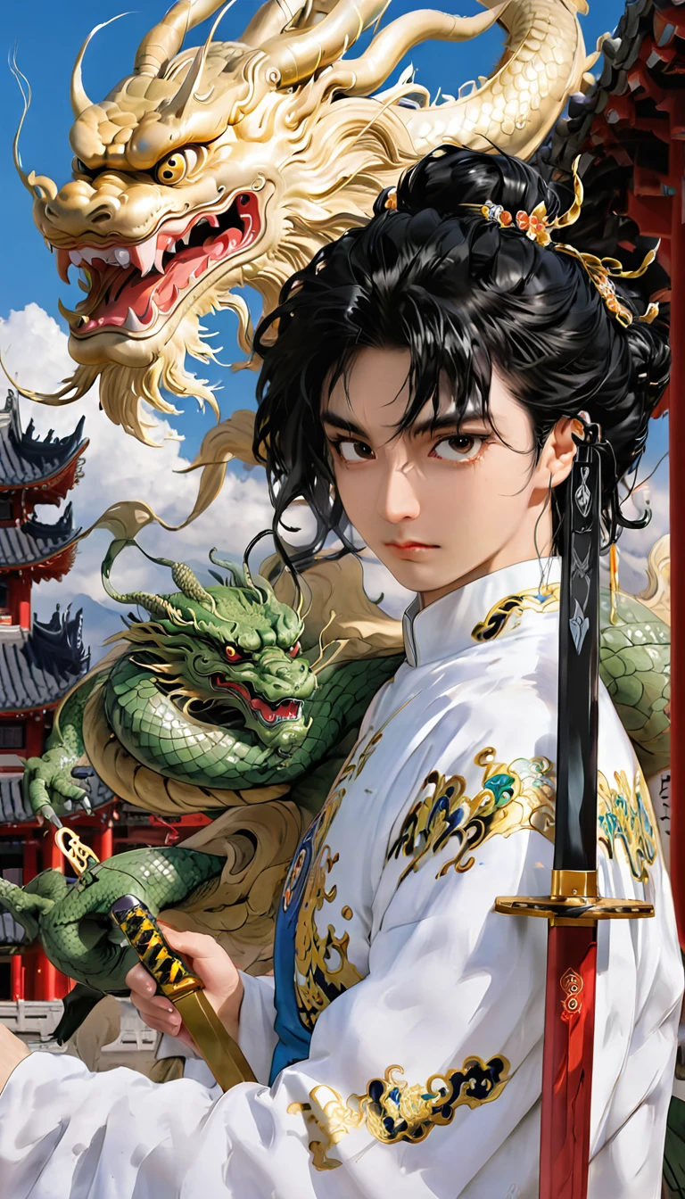 Ultra HD,masterpiece,The award-winning,best quality,high resolution,8K,High Detail,(A man:1.6),Perfect face,Black long hair,Ancient Chinese Hair Accessories,Blonde accessories,(Facing the camera:1.4),(Holding a sword:1.5),Hand-held scabbard,Chinese robe,Martial Arts,Outlaw Star,Bugu,Jump up,There is a dragon in the back,Chinese dragon,Patron Saint,背景是Mountain脉和树木,Mountain,pavilion,pine,Bright sky,White Cloud,Cloudy sky,dragon,,Ancient oriental architecture,old Chinese building,