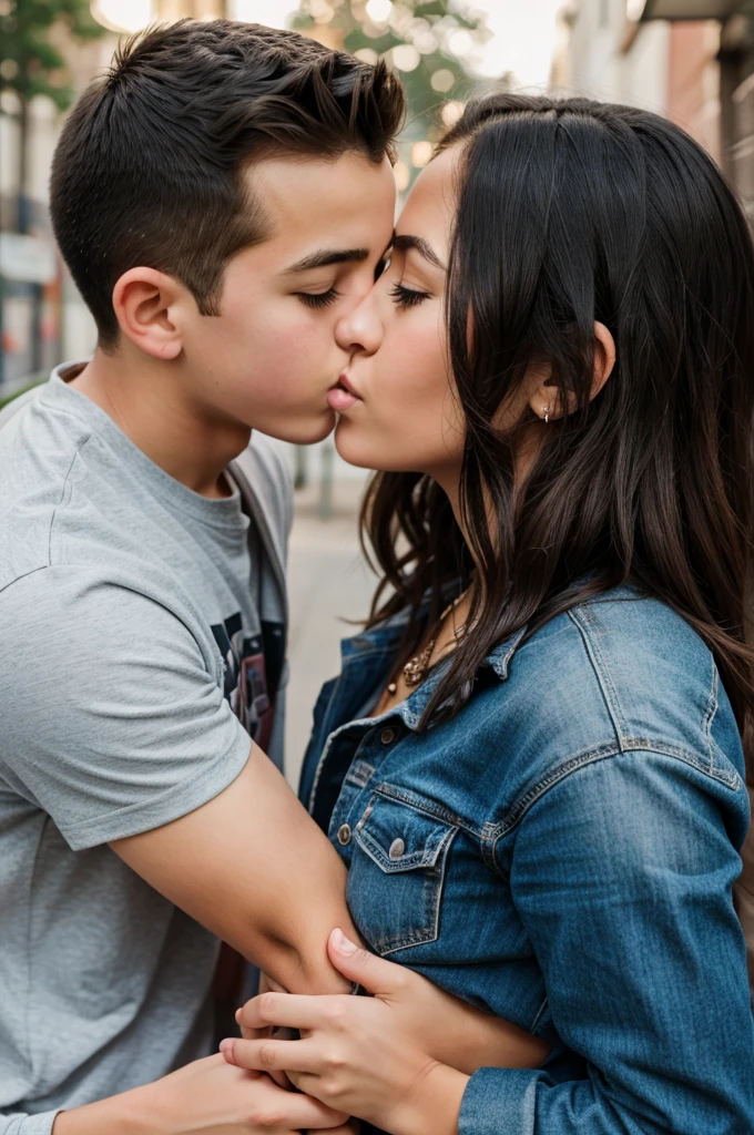 18-year-old Mexican girl, slim complexion with a somewhat large bust, a medium and firm butt, wearing a sweatshirt and jeans in a plaza in Mexico with the rain, having a kiss with a white-skinned boy, with a little belly of 1.72m de alto con el pelo negro corto con una sudadera mojada con perspectiva como si fuera una selfie