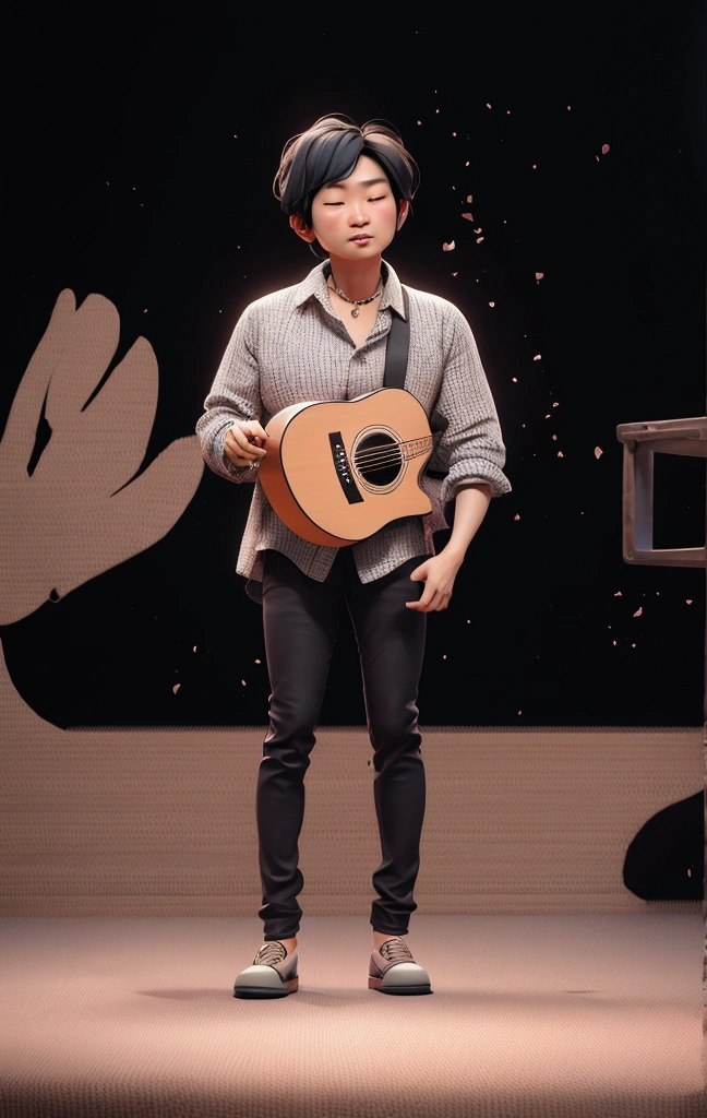 chibi, niji, a man standing on a stage with a guitar in his hand, on the stage, on stage, performing on stage, inspired by Ding Guanpeng, inspired by Ding Yunpeng, john jude palencar, mark lee, inspired by Marshall Arisman, inspired by Pablo Carpio, inspired by Chen Chi, inspired by Huang Gongwang, inspired by Zhou Chen