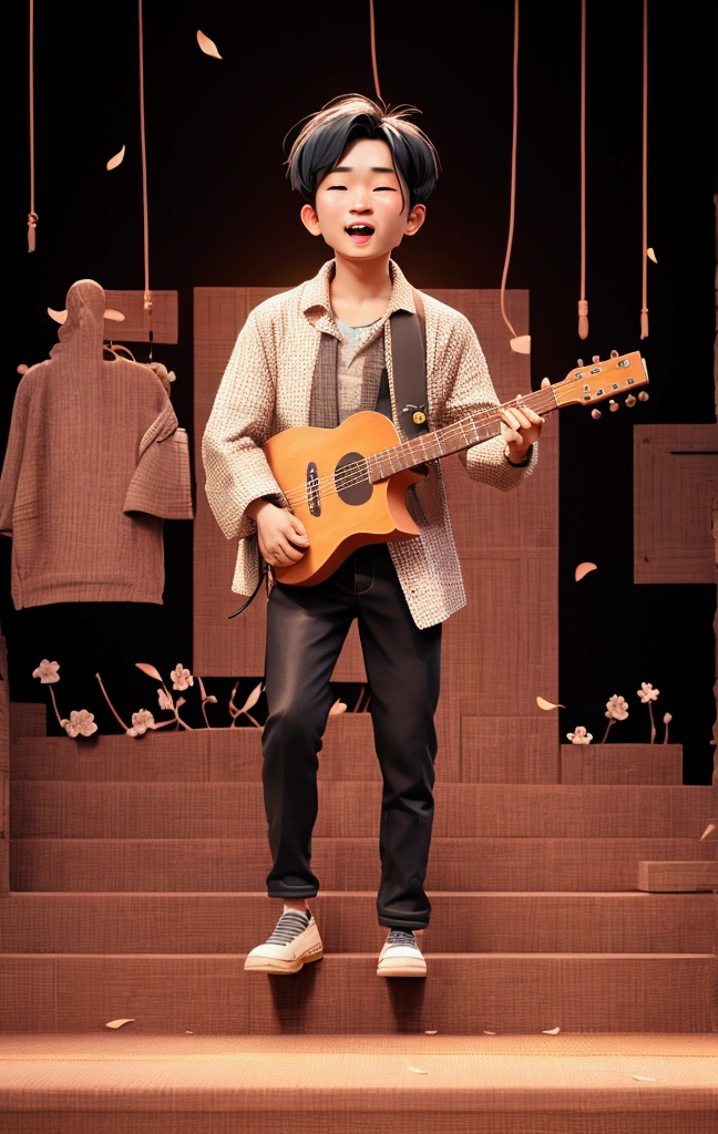 chibi, niji, a man standing on a stage with a guitar in his hand, on the stage, on stage, performing on stage, inspired by Ding Guanpeng, inspired by Ding Yunpeng, john jude palencar, mark lee, inspired by Marshall Arisman, inspired by Pablo Carpio, inspired by Chen Chi, inspired by Huang Gongwang, inspired by Zhou Chen