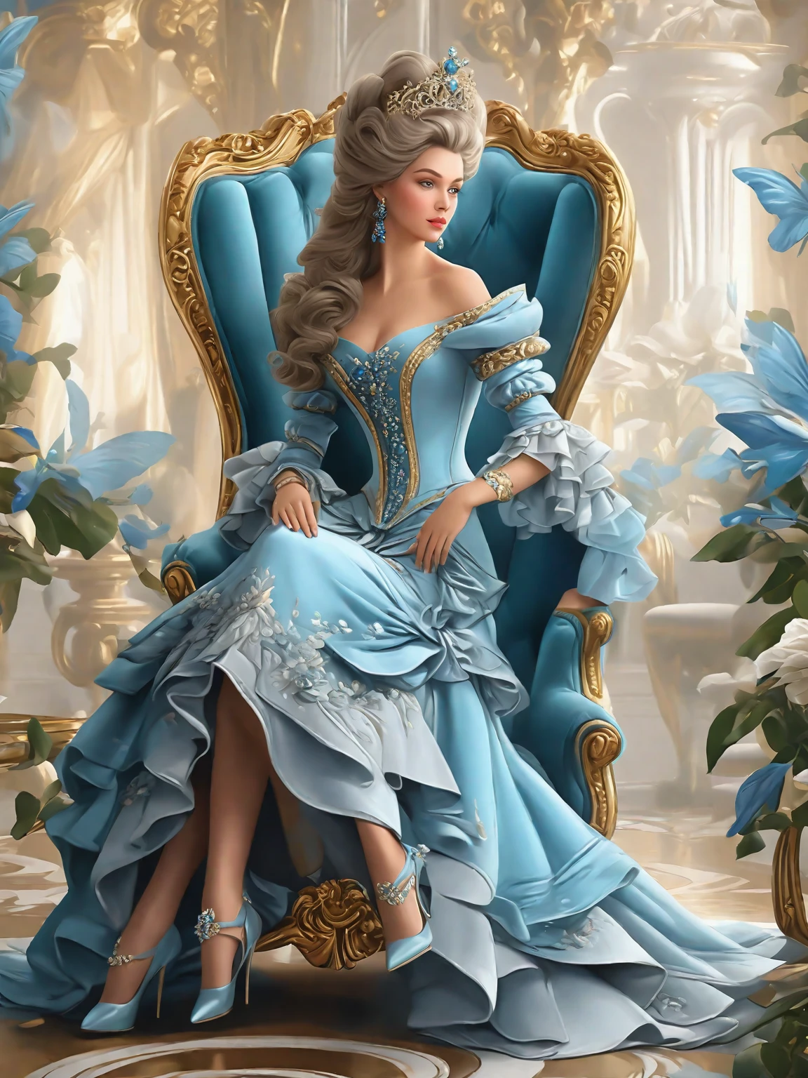 painting of a woman in a blue dress sitting on a chair, a beautiful fantasy empress, rococo queen, lovely languid princess, ((a beautiful fantasy empress)), 8k high quality detailed art, elegant digital painting, exquisite digital illustration, rococo style portrait, portrait painting of a princess, digital art of an elegant, baroque digital painting, beautiful character painting