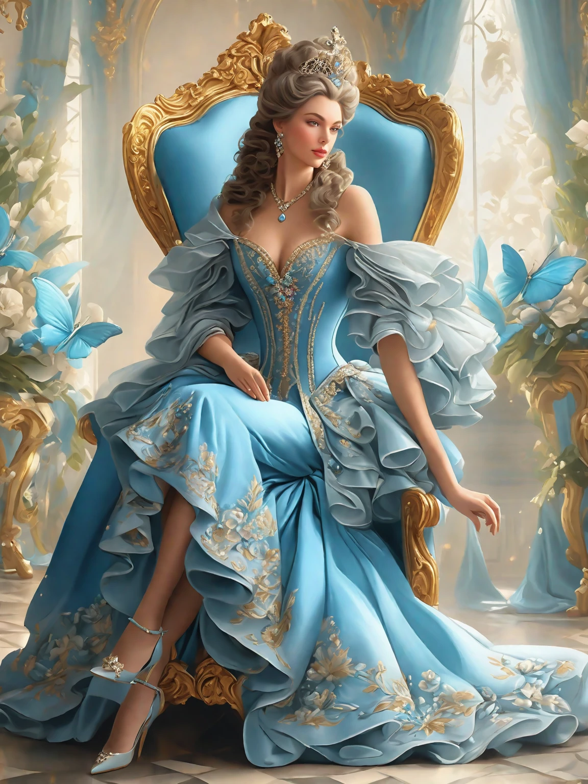 painting of a woman in a blue dress sitting on a chair, a beautiful fantasy empress, rococo queen, lovely languid princess, ((a beautiful fantasy empress)), 8k high quality detailed art, elegant digital painting, exquisite digital illustration, rococo style portrait, portrait painting of a princess, digital art of an elegant, baroque digital painting, beautiful character painting