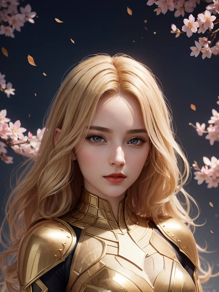 beautiful european young woman, wearing spiderwoman armor made of honey, thick symmetrical features, very blonde hair, background is cherry blossoms, pink aura, red lips, octane render,