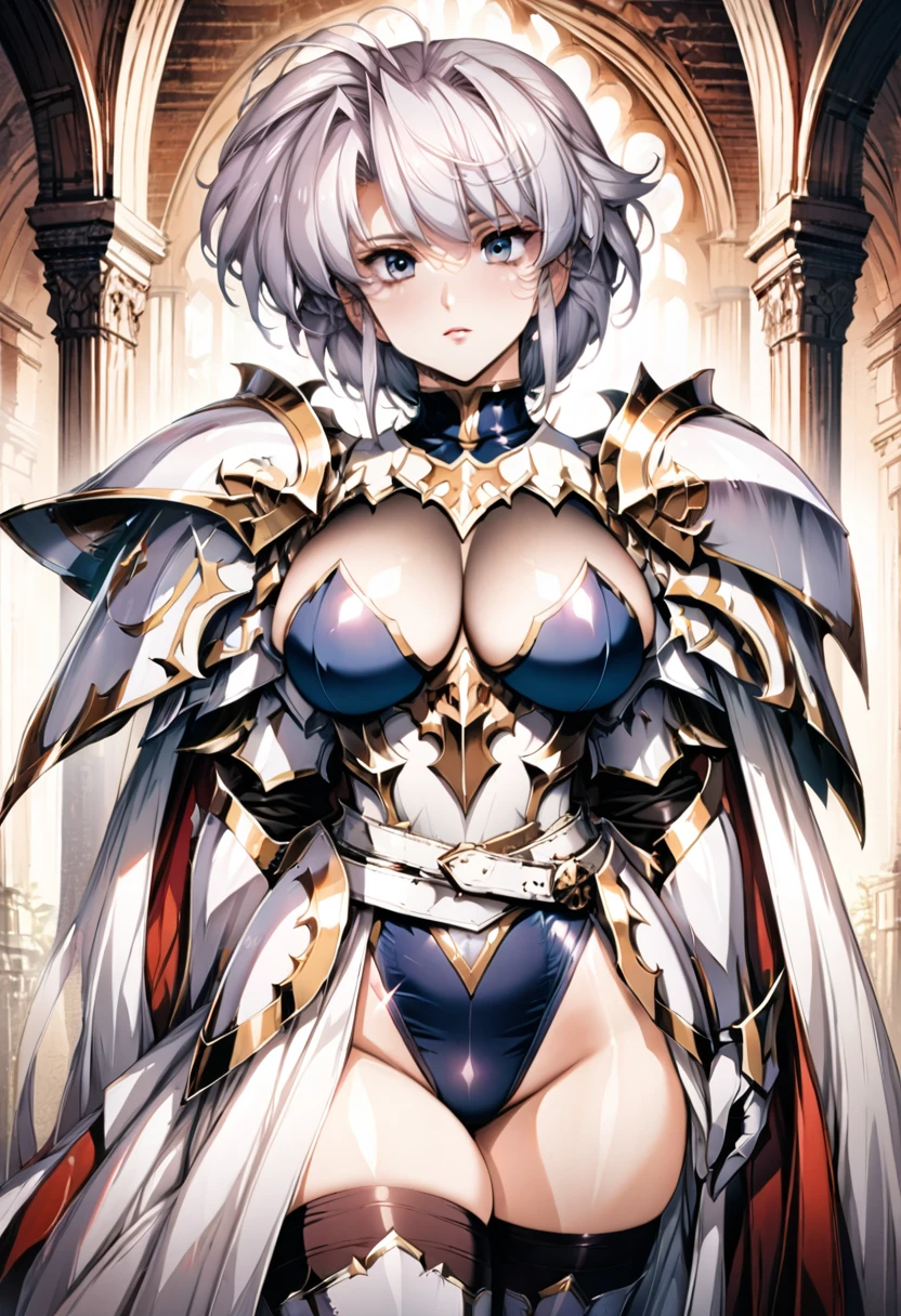 ((highest quality)), ((masterpiece)), ((hyperrealistic)), (detailed background), 1girl, ((curvy: 1.2)), Langrisser, ((sequin leotard: 1.5)), ((catsuit)), ((white paladin armor: 1.3)), ((long skirt)), ((armored dress)), cloak de cour, gauntlet, gloves, belt, silver hair, ahoge, (huge breasts), (see-through cleavage cutout), (zettai ryouiki armored thigh high boots), (thighs), beautiful eyes, perfect face, Perfect hands, perfect fingers,