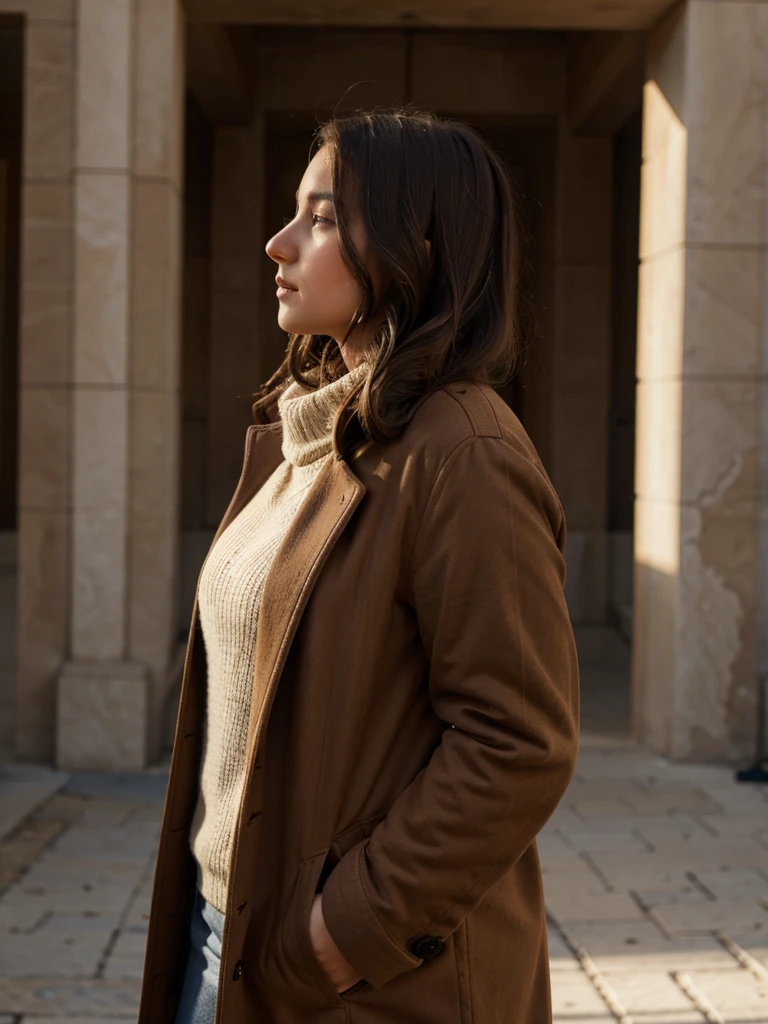 girl in profile in a brown long coat