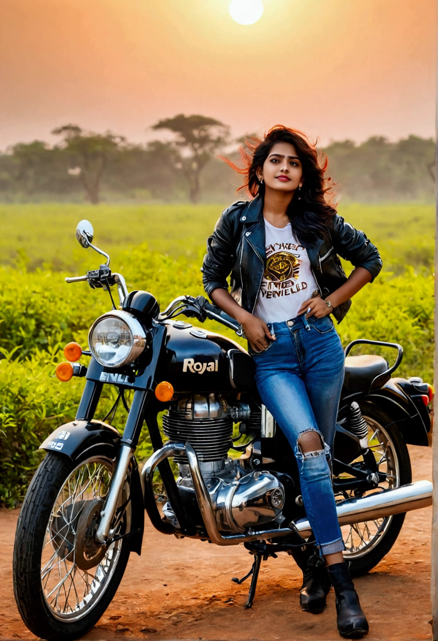 Girl posing  near royal Enfield (aesthetic) and wearing helmate with bikers cloth in Chennai with beautiful scenery background