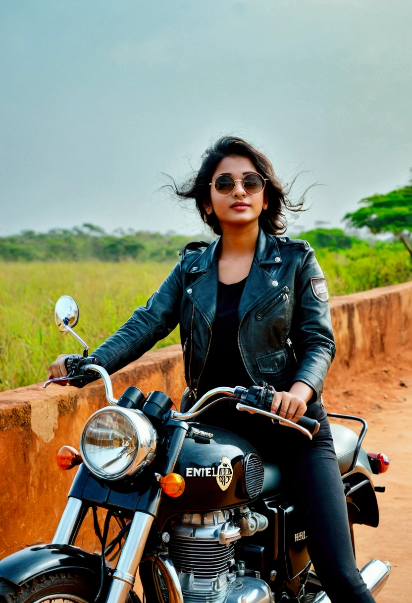 Girl posing near royal Enfield (aesthetic) and wearing helmate with bikers cloth in Chennai with beautiful scenery background