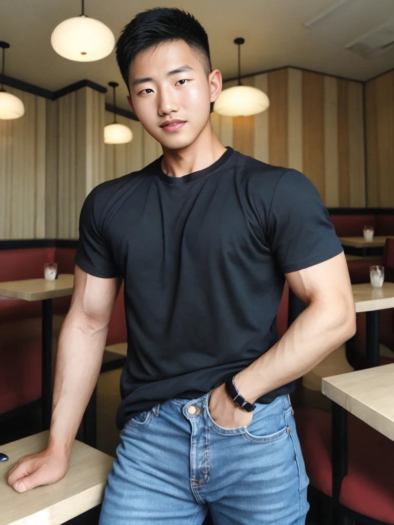 ((realistic daylight)) , Young Korean man in a simple black t-shirt only, no pattern, denim shirt, and jeans., A handsome, muscular young Asian man looks at the camera.  , in the restaurant ,turn sideways