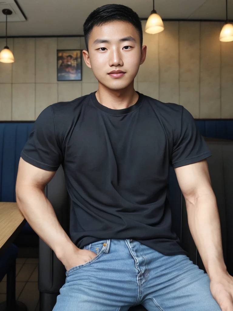 ((realistic daylight)) , Young Korean man in a simple black t-shirt only, no pattern, denim shirt, and jeans., A handsome, muscular young Asian man looks at the camera.  , in the restaurant ,turn sideways