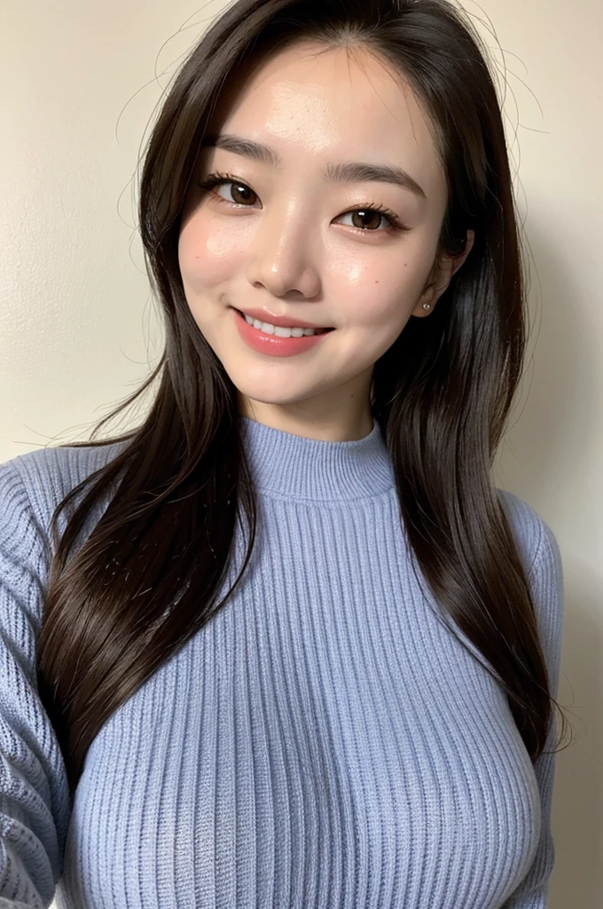 Highest quality, shape, Very detailed, finely, High resolution, 8K デンデ wallpaper, 完璧なダイナミックな構shape, Beautiful and detailed, knit long sleeve sweater,Medium Hair, Center of chest, Natural color lip, Random sexy poses,smile,White wall in the background