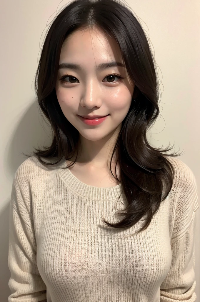 Highest quality, shape, Very detailed, finely, High resolution, 8K デンデ wallpaper, 完璧なダイナミックな構shape, Beautiful and detailed, knit long sleeve sweater,Medium Hair, Center of chest, Natural color lip, Random sexy poses,smile,White wall in the background