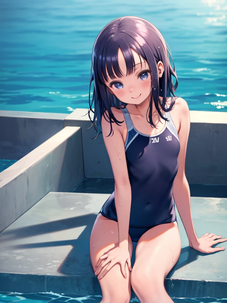 One Girl、School Swimsuit、One piece swimsuit、Sit on the edge of the pool、sit、Sweat、Wet Hair、Watching the audience、laughing、Smiling、