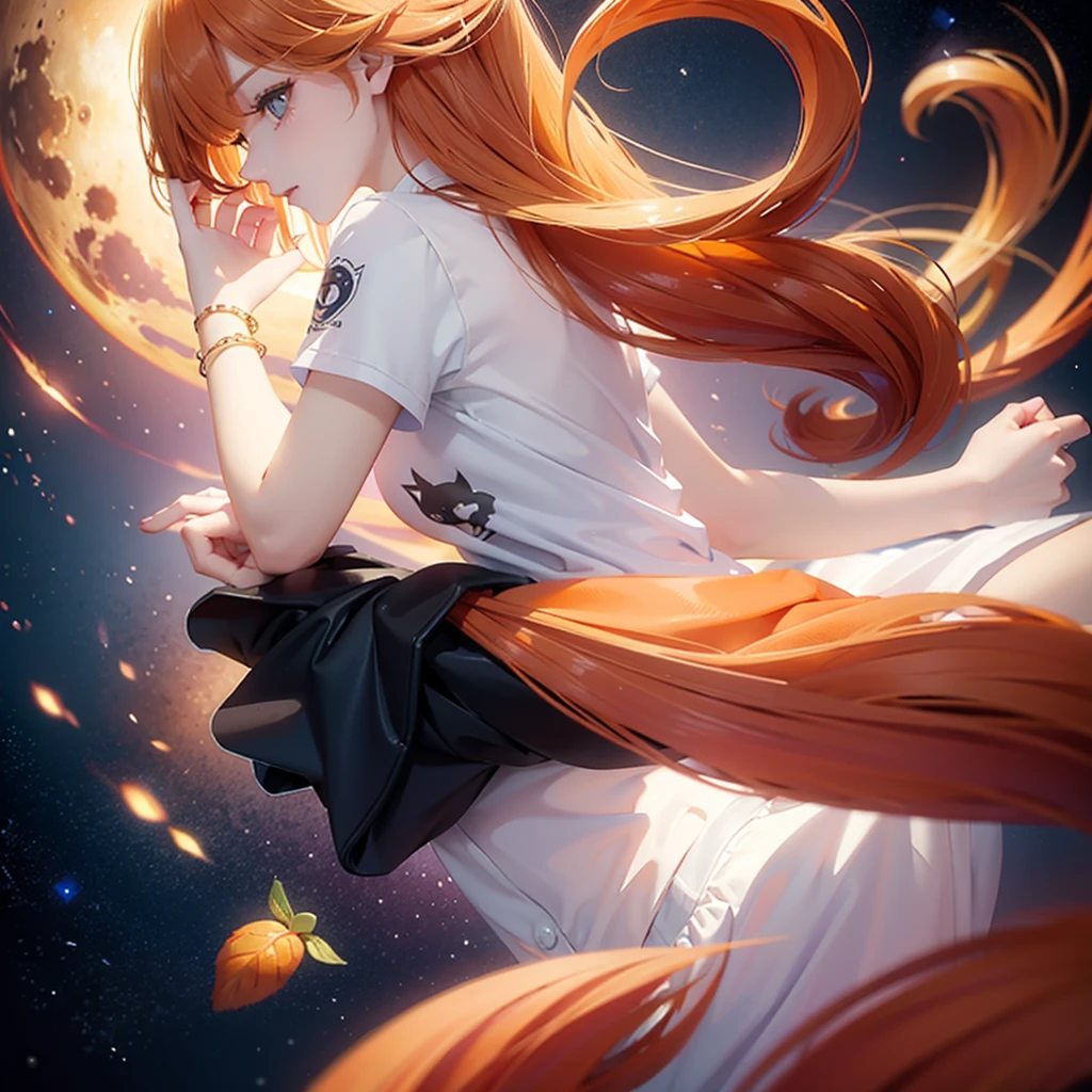 (((Human hands holding the body of an orange bantam cat，Partial view，cat tail，Correct anatomy)))，((Highest quality，masterpiece，，Gray and pink short T-shirt，gold thin bracelet))，starry sky galaxy background