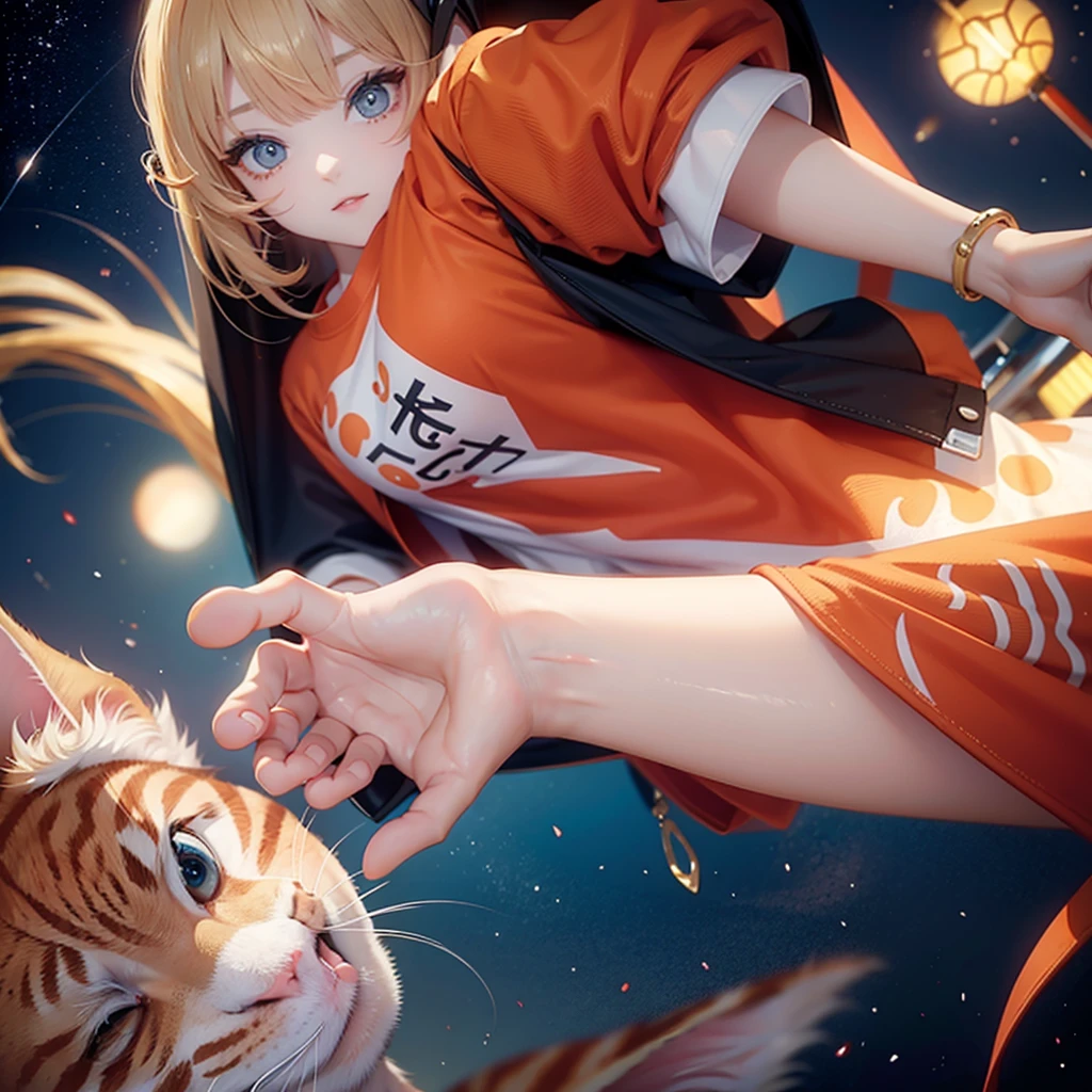 (((Human hands holding the body of an orange bantam cat,Partial view,cat tail,Correct anatomy))),((Highest quality,masterpiece,,Gray and pink short T-shirt,gold thin bracelet)),starry sky galaxy background