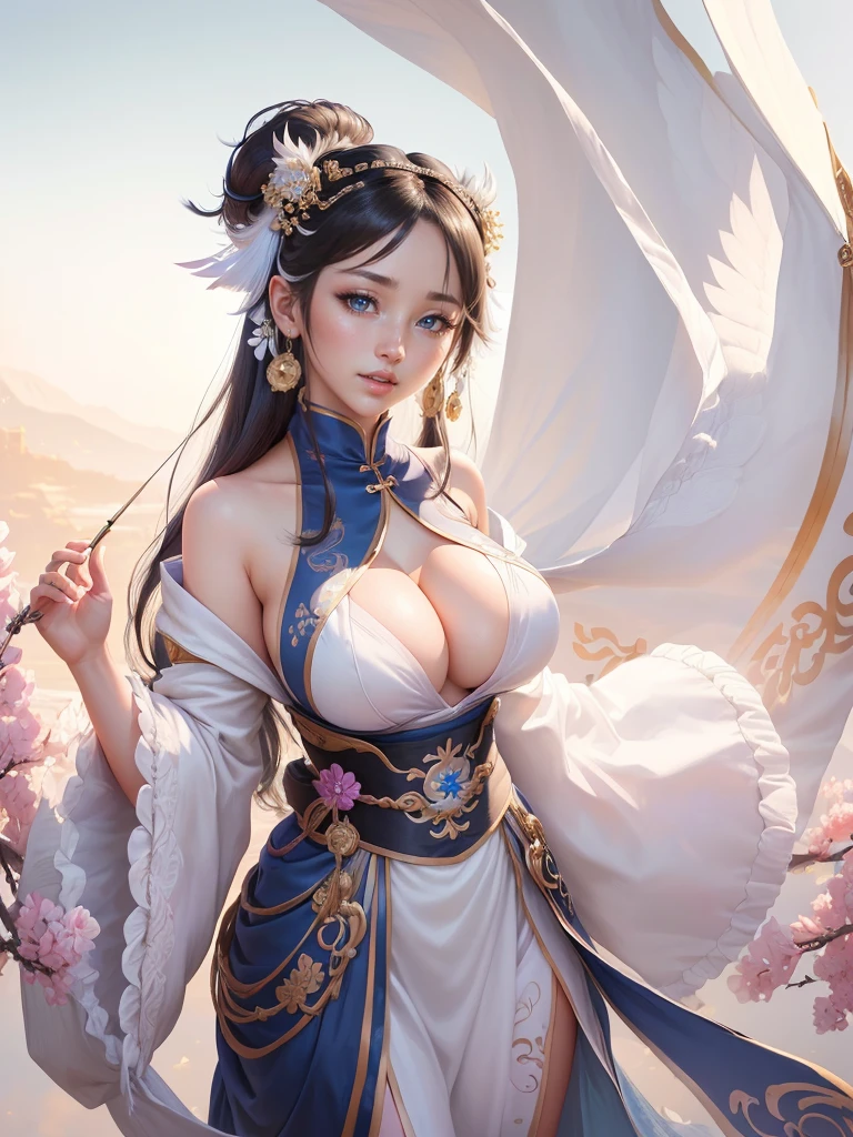 anime girl in a silver dress with a feather on her head, yun ling, inspired by Li Mei-shu, chun li, full body xianxia, highly detailed exquisite fanart, inspired by Pu Hua, inspired by Ju Lian, yang qi, lei min, Highly detailed CG unit 8k wallpaper, masterpiece, High resolution, highest quality, highest quality real texture skin, Super Real, Digital Painting, Best image quality, 最High resolution, 8k, ((Highly detailed eyes and face, Beautiful eyes every detail)), 1girl, Full Body Shot, Saggy breasts, Gravity-dependent breasts, long chest, Heavy chest, disproportionate breasts, huge breasts, sagging breasts, gigantic breasts, erect nipple, cleavage cutout, smile, open your mouth,
