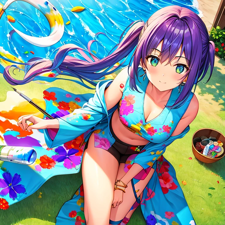 masterpiece, best quality, high quality, extremely detailed, very delicate and beautiful, (1 female 18 years old solo:1.2), (long black hair up to waist with two side up:1.4), bangs to eyebrows, eyes (eyes sharp and strong with glossy glossy eyes, eyebrows glossy, (eye color magenta:1.3), 6.5 head height, (summer flower print in bikini swimsuit:1.3), (bathing and wet), (dynamic pose), (background river and forest:1.3), (Milky Way Night Sky: 1.3)