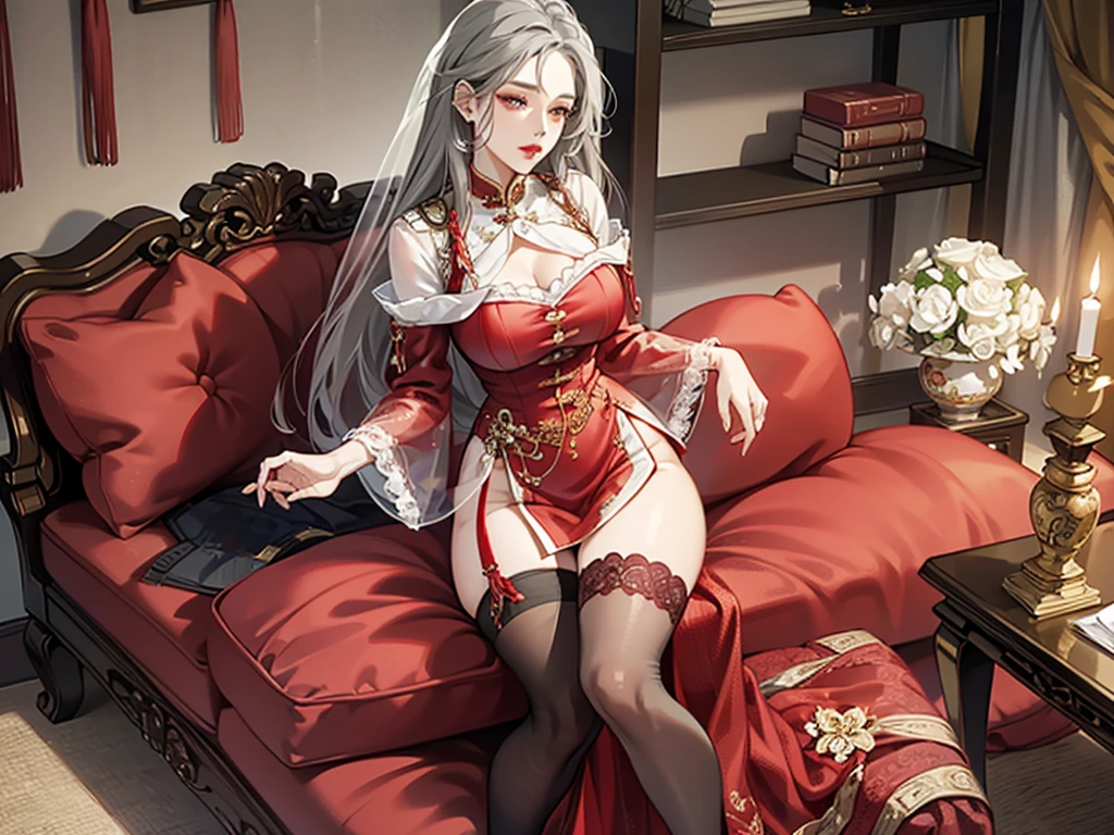 wearing Layered Necklace; a symbol of commitment in the form of a wedding ring graced her finger, while her wrist was embellished by a prestigious branded timepiece alongside delicate bracelets.a mature chinese woman , grey hair,sitting on the sofa ,showcasing her confidence and charm.thick thighs,fleshy thighs,revealing her thighs,big natural breasts,huge round breasts,busty mature woman,supermodel figure,perfect body,Wearing embroidered silk pajamas, with disheveled hair falling across her chest, her appearance is haggard, yet her red lips stand out vividly.She was wearing garter stockings.a mother and daughter