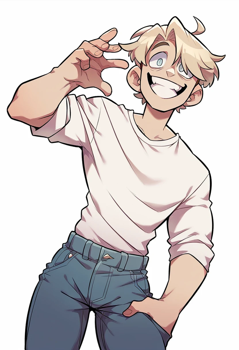 YouTuber, blond hair, bright eyes, standing happily with his hand on his hips, plain white tee shirt, black jeans, big smile, plain white background, male , adult male,