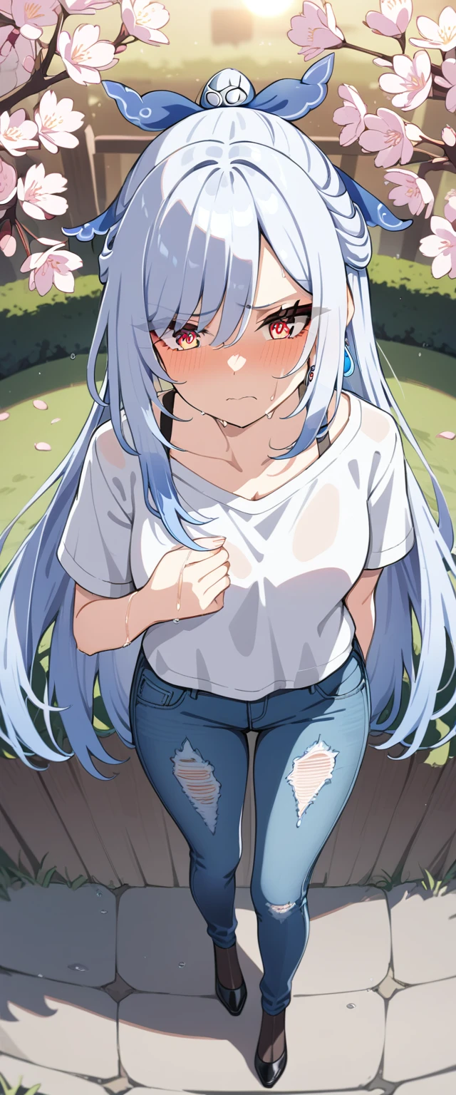 (masterpiece:1.37), best quality, (extremely detailed:1.37), (1girl:1.5), woman, (mature:1.5), (adult:1.5), jingliu, white hair, long hair, ponytail, hair ribbon, red eyes, earrings, jewelry, (jeans:1.25), (extremely detailed eyes:1.37), (wetting self:1.75), desperation, (standing:1.5), embarrassed, humiliation, blushing, angry, cherry blossoms, garden, (golden hour:1.5), full body, (crossing legs:1.5), from above