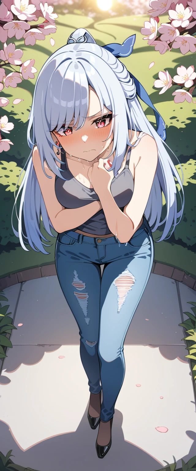 (masterpiece:1.37), best quality, (extremely detailed:1.37), (1girl:1.5), woman, (mature:1.5), (adult:1.5), jingliu, white hair, long hair, ponytail, hair ribbon, red eyes, earrings, jewelry, (jeans:1.25), (extremely detailed eyes:1.37), (wetting self:1.75), desperation, (standing:1.5), embarrassed, humiliation, blushing, angry, cherry blossoms, garden, (golden hour:1.5), full body, (crossing legs:1.5), from above