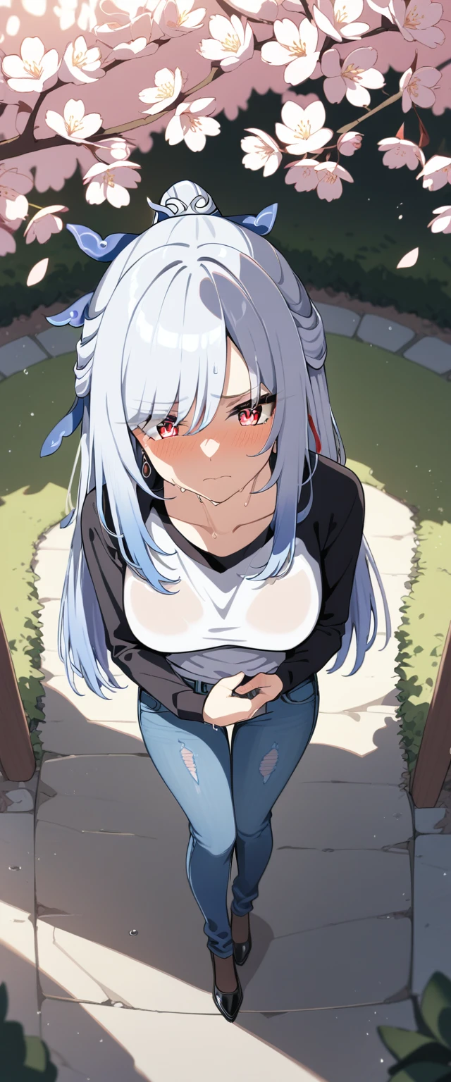(masterpiece:1.37), best quality, (extremely detailed:1.37), (1girl:1.5), woman, (mature:1.5), (adult:1.5), jingliu, white hair, long hair, ponytail, hair ribbon, red eyes, earrings, jewelry, (jeans:1.25), (extremely detailed eyes:1.37), (wetting self:1.75), desperation, (standing:1.5), embarrassed, humiliation, blushing, angry, cherry blossoms, garden, (golden hour:1.5), full body, (crossing legs:1.5), from above