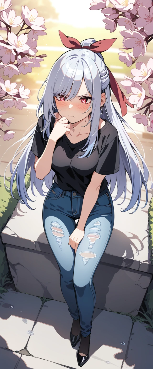 (masterpiece:1.37), best quality, (extremely detailed:1.37), (1girl:1.5), woman, (mature:1.5), (adult:1.5), jingliu, white hair, long hair, ponytail, hair ribbon, red eyes, earrings, jewelry, (jeans:1.25), (extremely detailed eyes:1.37), (wetting self:1.75), desperation, (standing:1.5), embarrassed, humiliation, blushing, angry, cherry blossoms, garden, (golden hour:1.5), full body, (crossing legs:1.5), from above