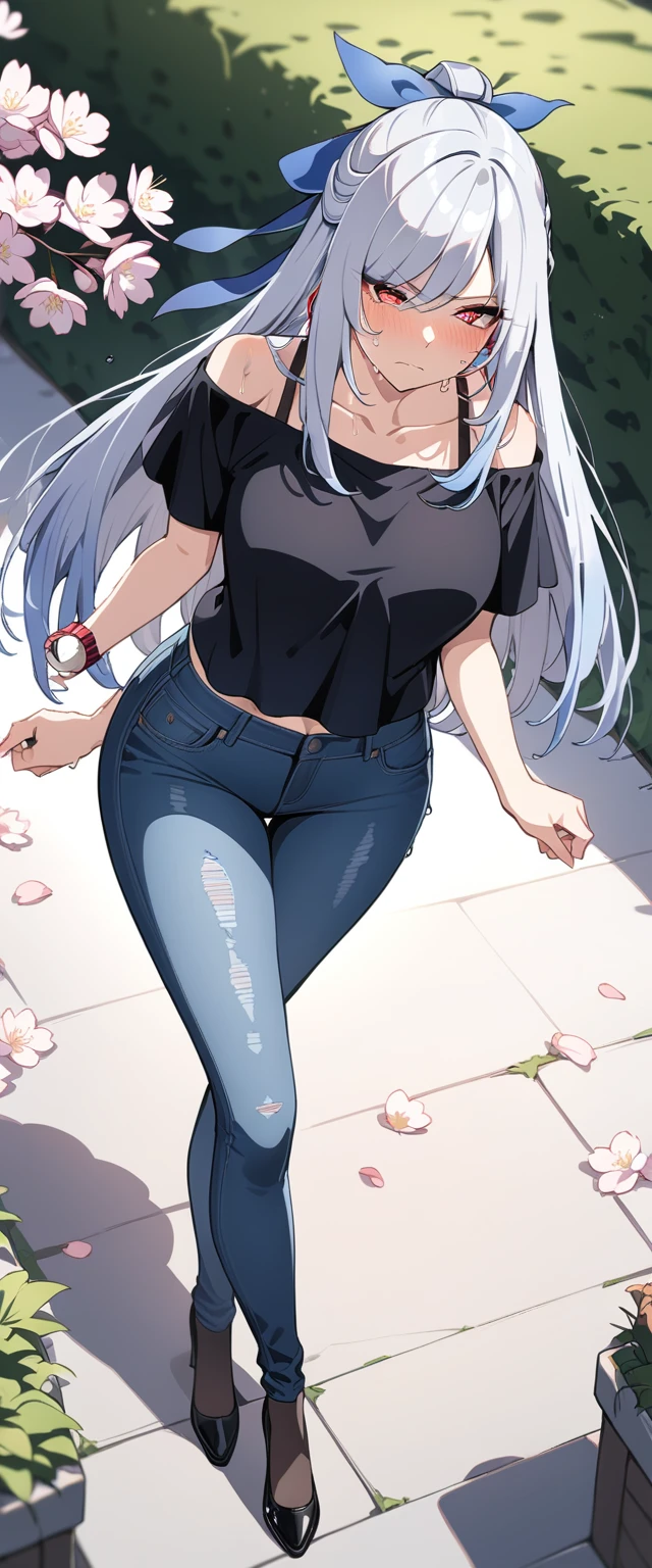 (masterpiece:1.37), best quality, (extremely detailed:1.37), (1girl:1.5), woman, (mature:1.5), (adult:1.5), jingliu, white hair, long hair, ponytail, hair ribbon, red eyes, earrings, jewelry, (jeans:1.25), (extremely detailed eyes:1.37), (wetting self:1.75), desperation, (standing:1.5), embarrassed, humiliation, blushing, angry, cherry blossoms, garden, (golden hour:1.5), full body, (crossing legs:1.5), from above