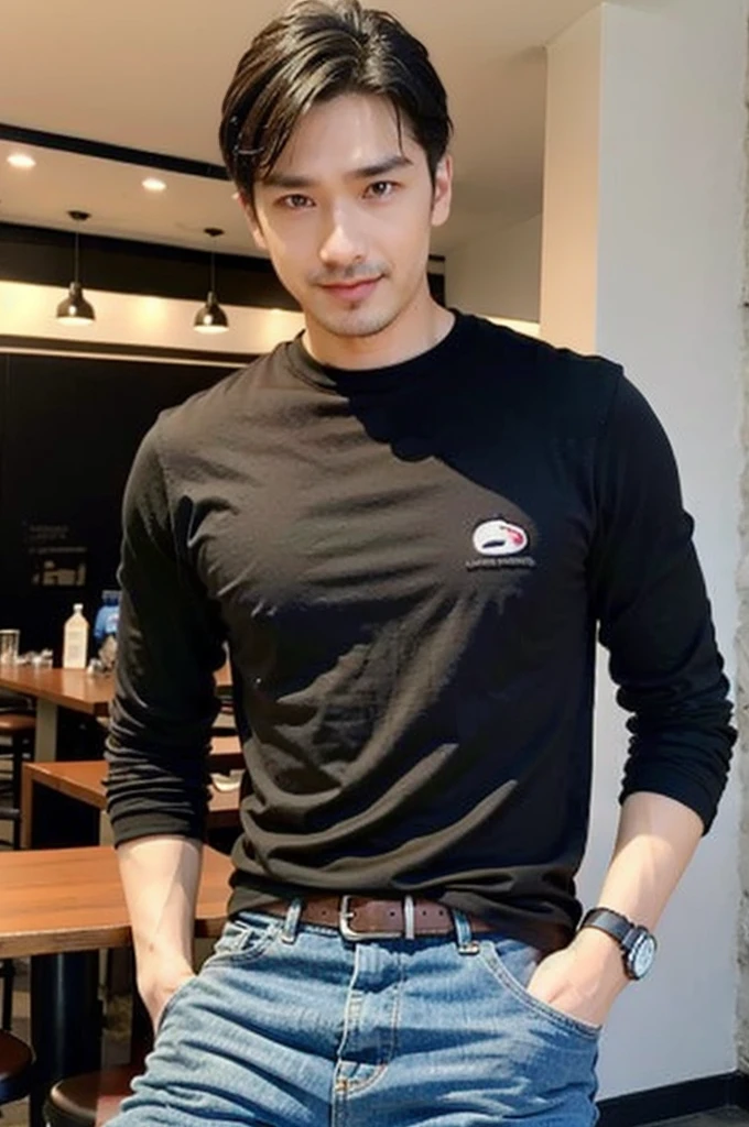 ((realistic daylight)) , Young Korean man in only a black sports shirt, no stripes, and jeans., A handsome, muscular young Asian man looks at the camera.  , in the restaurant ,turn sideways