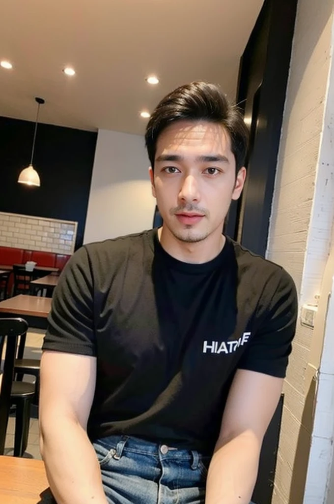 ((realistic daylight)) , Young Korean man in only a black sports shirt, no stripes, and jeans., A handsome, muscular young Asian man looks at the camera.  , in the restaurant ,turn sideways