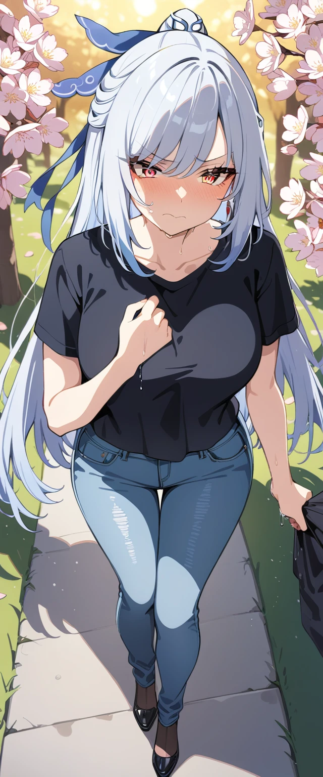 (masterpiece:1.37), best quality, (extremely detailed:1.37), (1girl:1.5), woman, (mature:1.5), (adult:1.5), jingliu, white hair, long hair, ponytail, hair ribbon, red eyes, earrings, jewelry, (jeans:1.25), (extremely detailed eyes:1.37), (wetting self:1.75), desperation, (standing:1.5), embarrassed, humiliation, blushing, angry, cherry blossoms, garden, (golden hour:1.5), full body, (crossing legs:1.5), from above