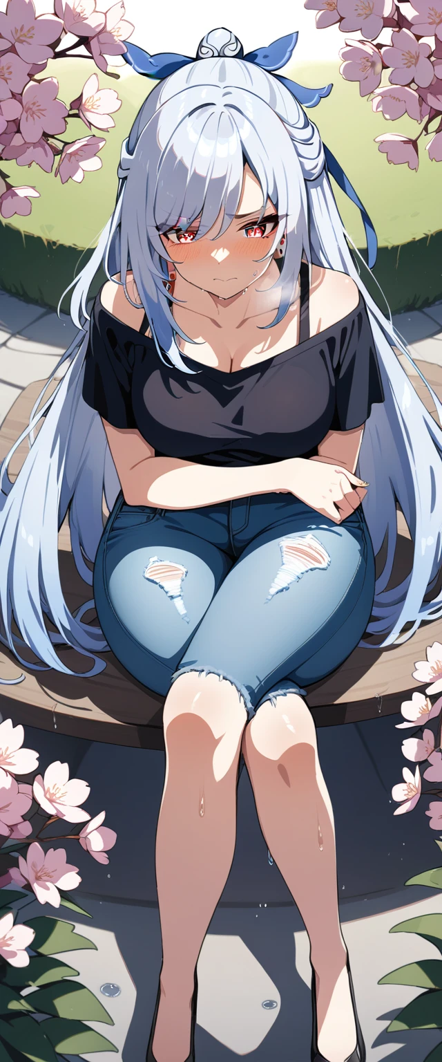 (masterpiece:1.37), best quality, (extremely detailed:1.37), (1girl:1.5), woman, (mature:1.5), (adult:1.5), jingliu, white hair, long hair, ponytail, hair ribbon, red eyes, earrings, jewelry, (jeans:1.25), (extremely detailed eyes:1.37), (wetting self:1.75), desperation, (standing:1.5), embarrassed, humiliation, blushing, angry, cherry blossoms, garden, (golden hour:1.5), full body, (crossing legs:1.5), from above