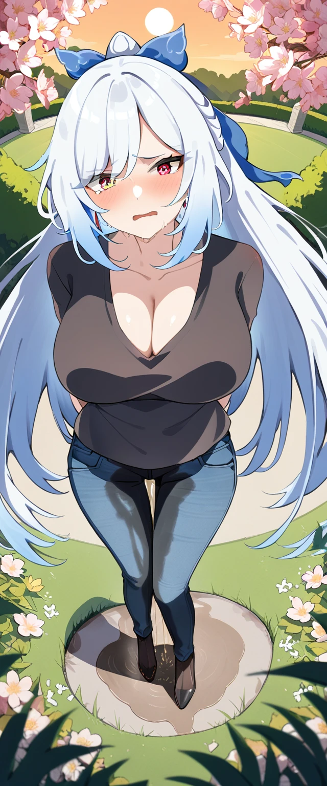 (masterpiece:1.37), best quality, (extremely detailed:1.37), (1girl:1.5), woman, (mature:1.5), (adult:1.5), jingliu, white hair, long hair, ponytail, hair ribbon, red eyes, earrings, jewelry, (jeans:1.25), (extremely detailed eyes:1.37), (wetting self:1.75), desperation, (standing:1.5), embarrassed, humiliation, blushing, angry, cherry blossoms, garden, (golden hour:1.5), full body, (crossing legs:1.5), from above