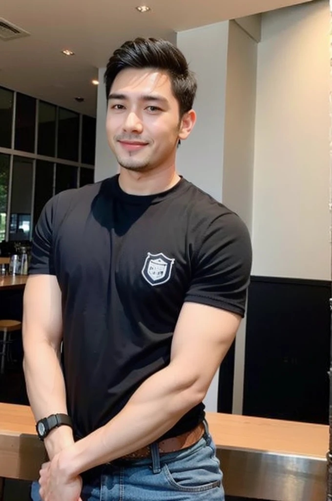 ((realistic daylight)) , Young Korean man in only a black sports shirt, no stripes, and jeans., A handsome, muscular young Asian man looks at the camera.  , in the restaurant ,turn sideways