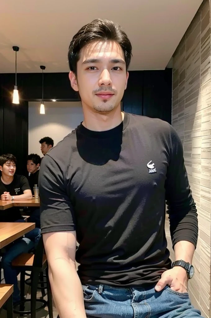 ((realistic daylight)) , Young Korean man in only a black sports shirt, no stripes, and jeans., A handsome, muscular young Asian man looks at the camera. , in the restaurant ,turn sideways