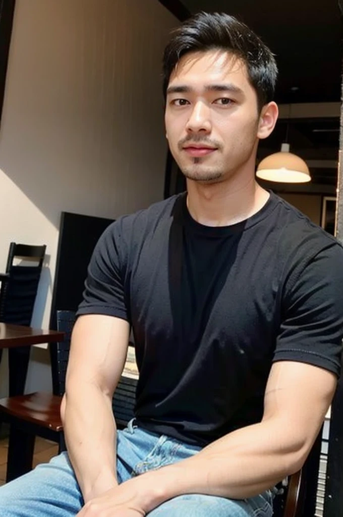 ((realistic daylight)) , Young Korean man in only a black sports shirt, no stripes, and jeans., A handsome, muscular young Asian man looks at the camera. , in the restaurant ,turn sideways