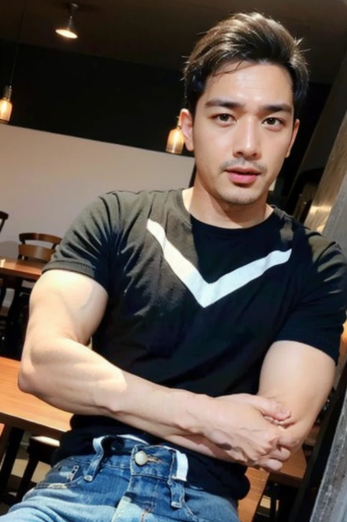 ((realistic daylight)) , Young Korean man in only a black sports shirt, no stripes, and jeans., A handsome, muscular young Asian man looks at the camera.  , in the restaurant ,turn sideways