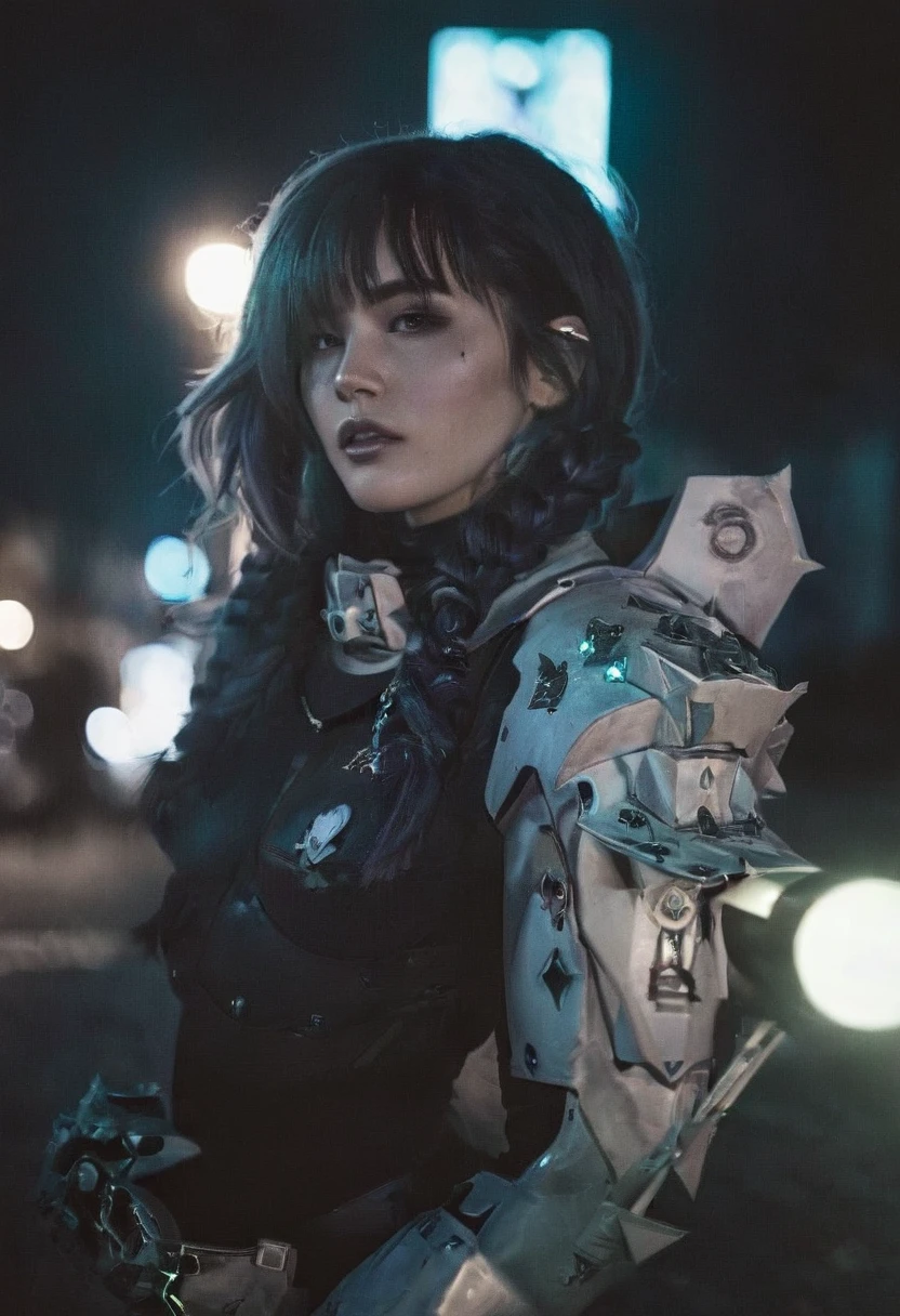 (realistic analog style sharp focus 8k raw photo with soft lighting and high quality:1.1), (hdr film grain:1.2),movie poster, a cute woman wearing a shiny (textured:1.2) (intricate:1.2) cyborgcosplay in a dark street at night, (cinematic hairstyle:1.2)
