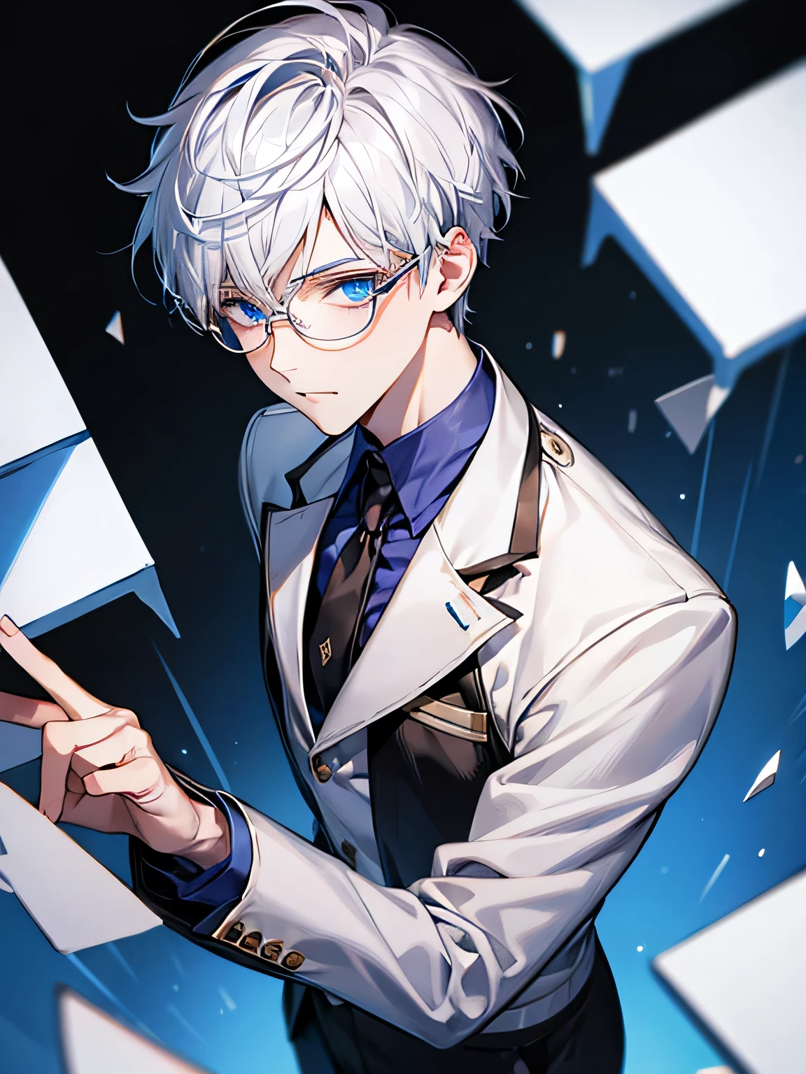 Blue eyes, white hair, male, teenager, short hair, two block hair, lecturer, glasses