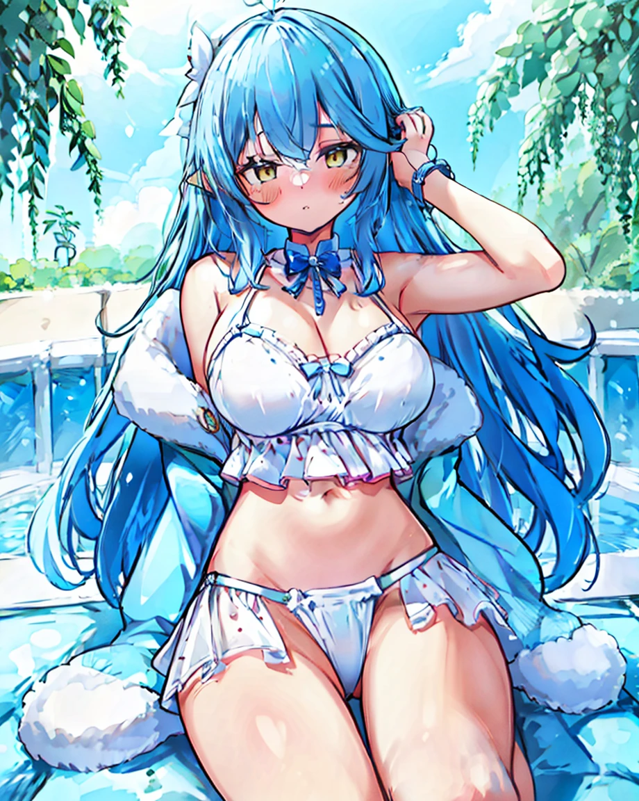 Yukihana Lamy,Outdoor,((Pool,White Bikini,just))(Highest quality), (masterpiece), (High resolution), Perfect Face,Tiara on head,Thin belly,original, Very detailed8K壁紙,((Very detailed)), Very detailed,(1 girl, alone:1.2), (blush:1.2),,,((High resolution)),(Huge breasts:1.10),(Highest quality:1.2)(Huge breasts),Sit,Spread your legs